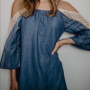 Denim and knit off the shoulder dress